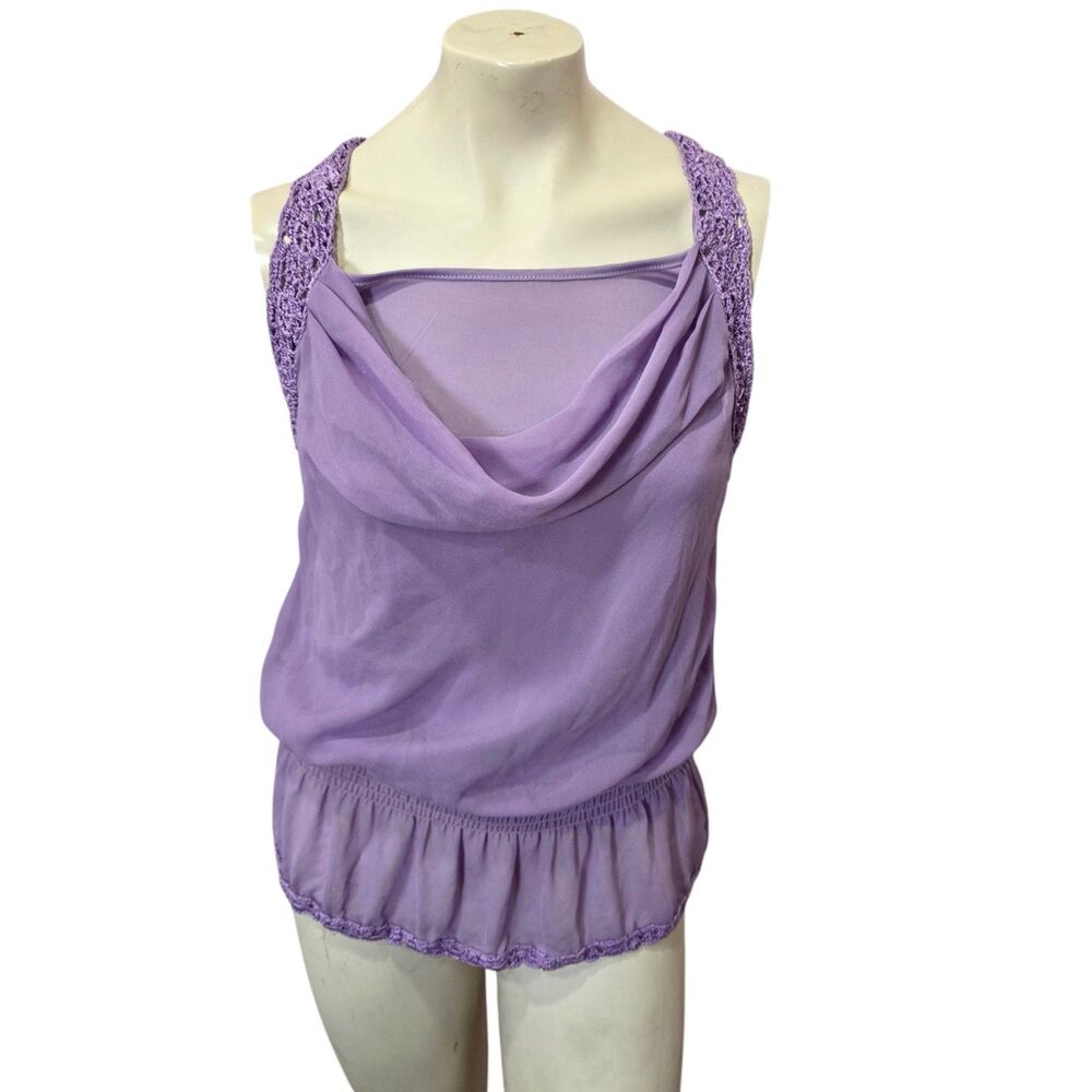 A Diva Lavender Sheer Crochet Trim Cowl Neck Blouson Tank Top PM Petite